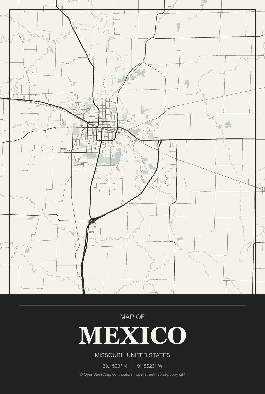 Mexico, Missouri City Map Aluminum Sign in Museum Plaque style