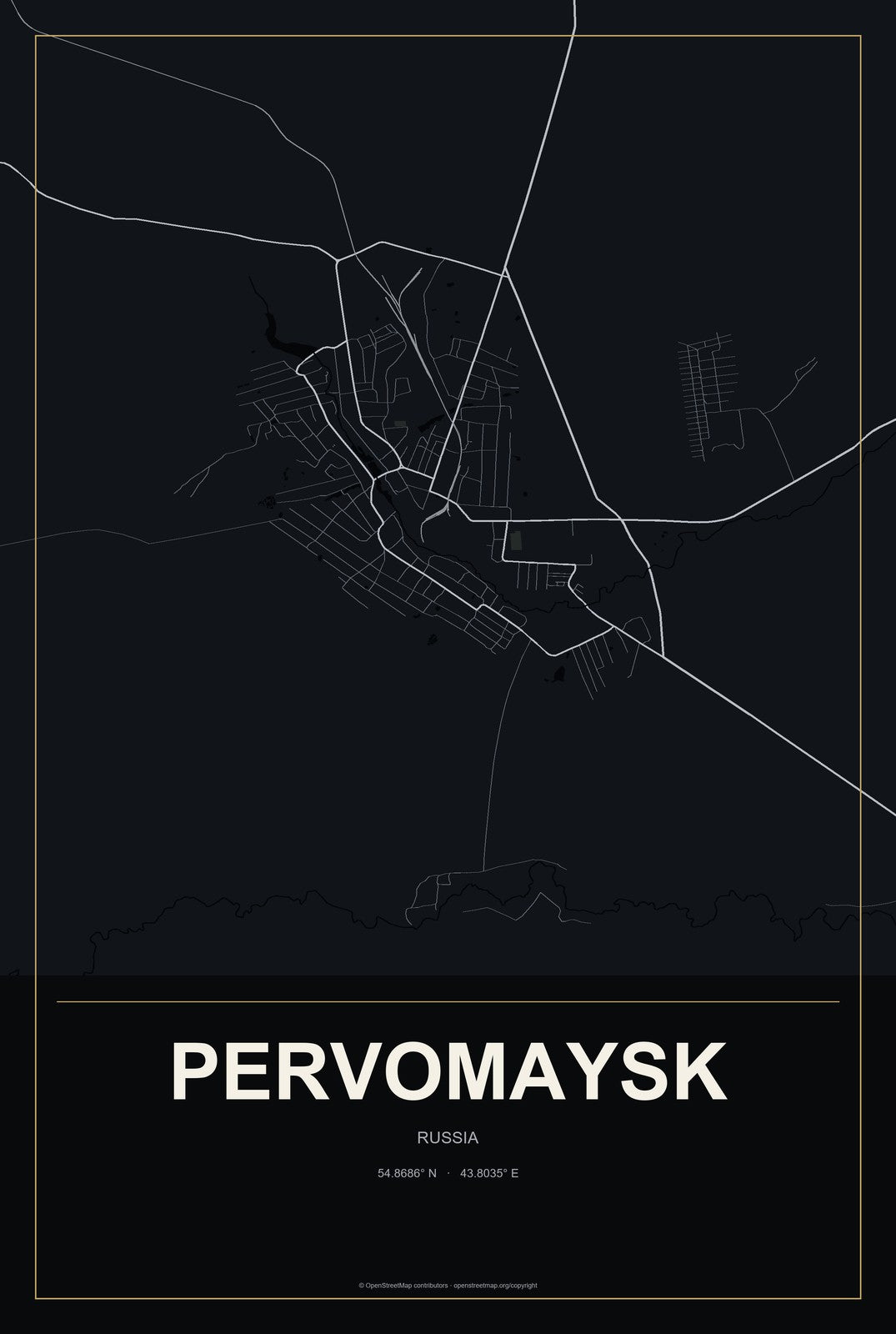 Pervomaysk, Russia City Map Aluminum Sign in Metropolitan Noir style