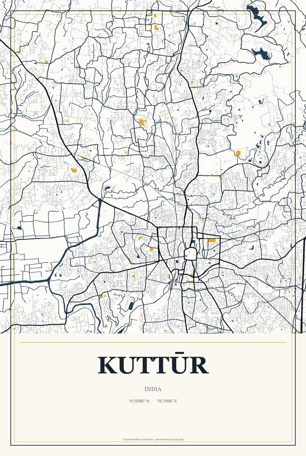 Kuttūr, India City Map Aluminum Sign in Citrine Modern style