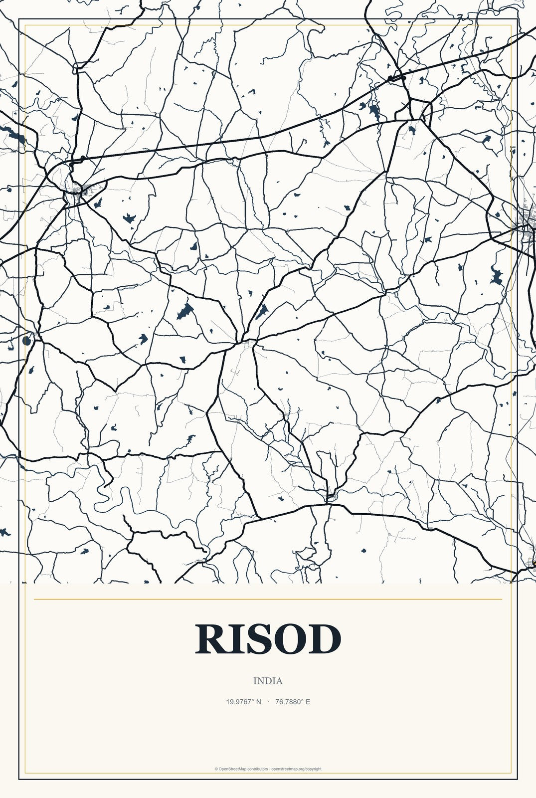 Risod, India City Map Aluminum Sign in Citrine Modern style