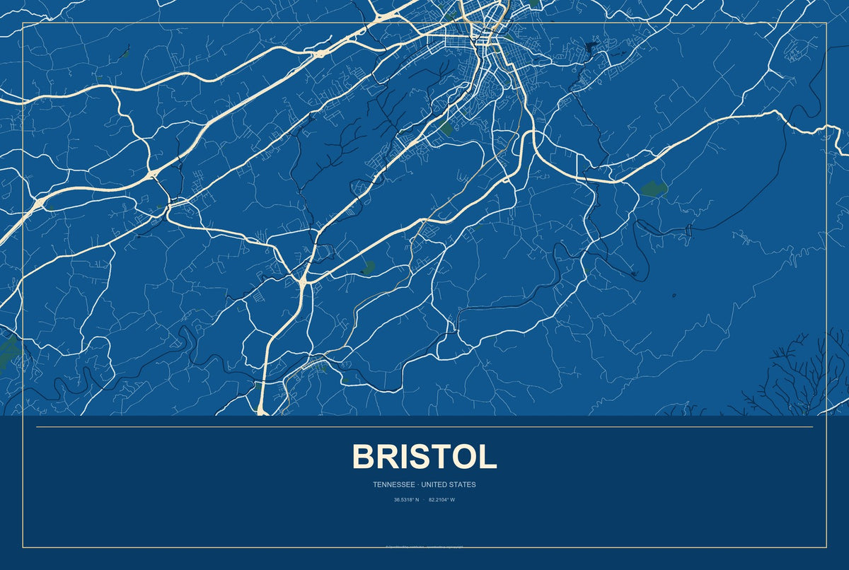 Bristol, Tennessee City Map Aluminum Sign in Harbor Cobalt style