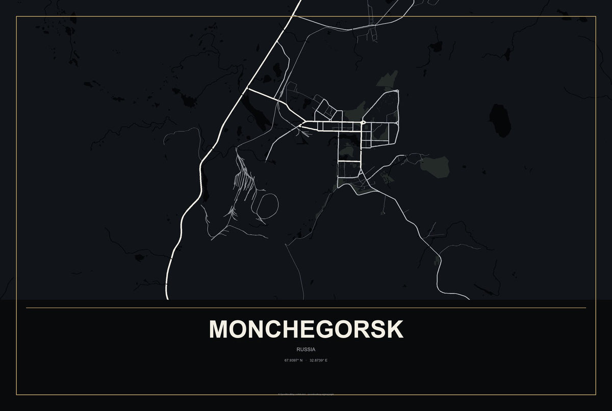 Monchegorsk, Russia City Map Aluminum Sign in Metropolitan Noir style