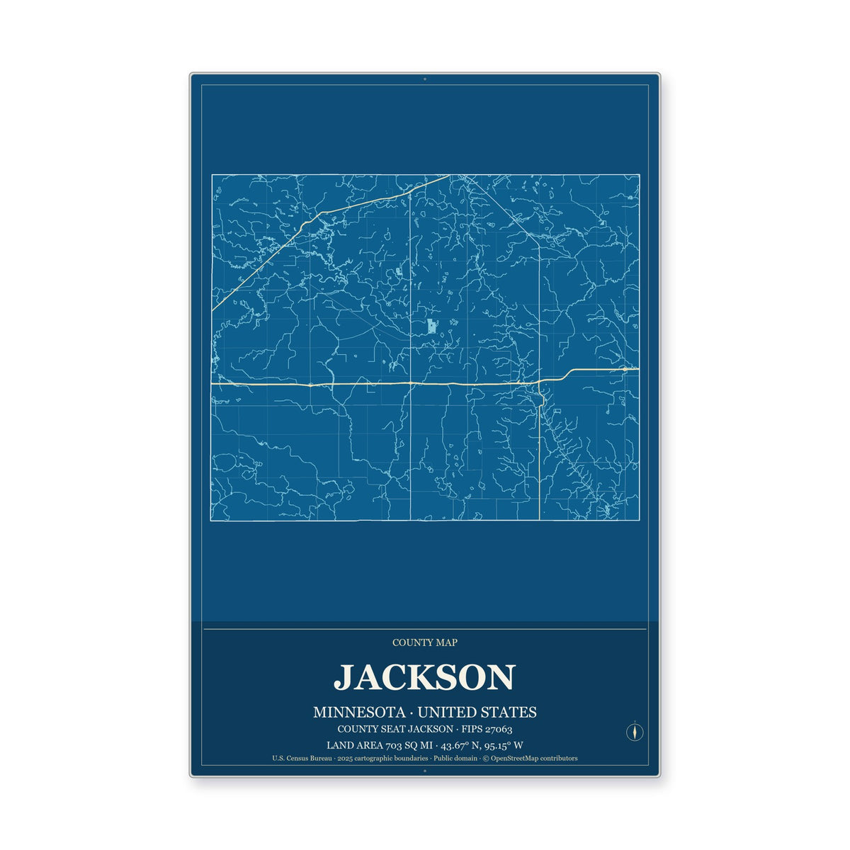 Jackson County, Minnesota Map Aluminum Sign in Harbor Cobalt style