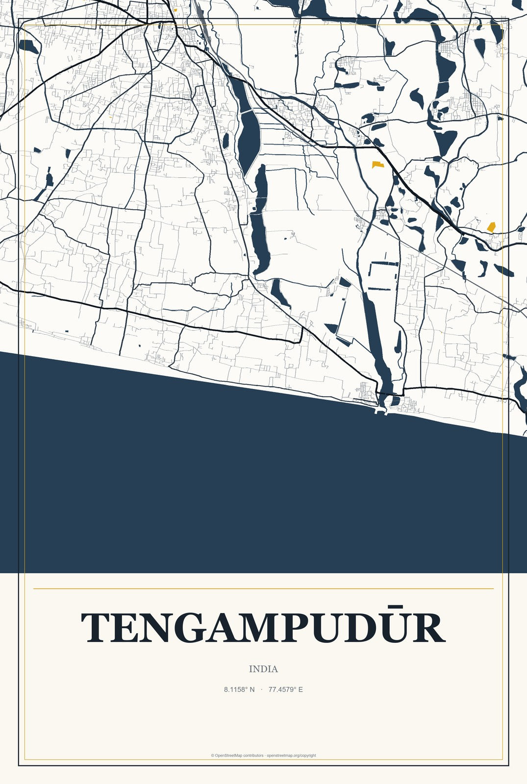 Tengampudūr, India City Map Aluminum Sign in Citrine Modern style