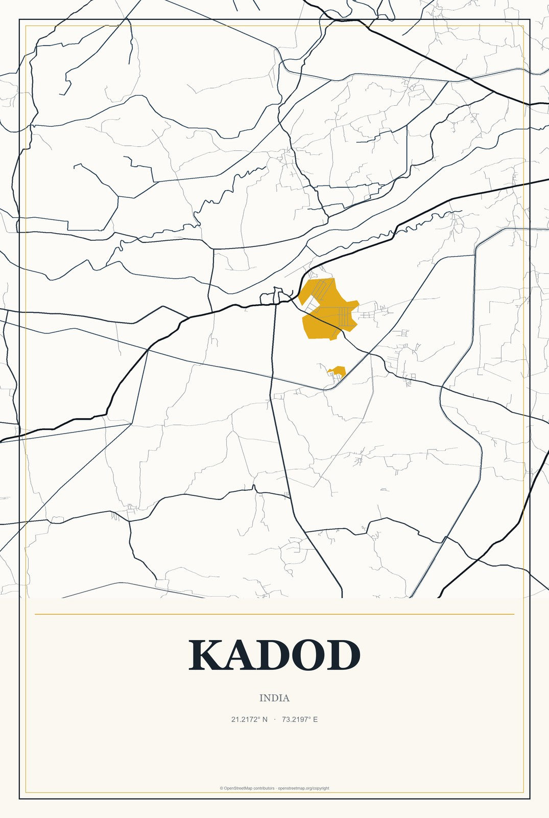 Kadod, India City Map Aluminum Sign in Citrine Modern style