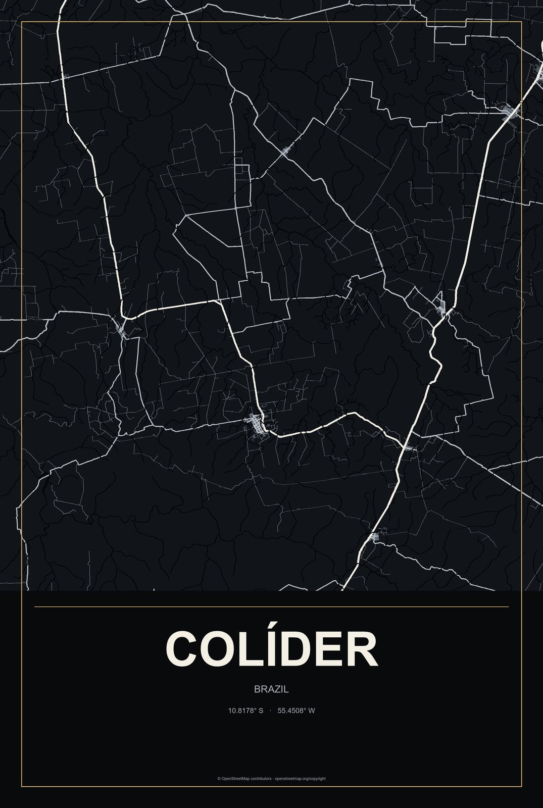 Colíder, Brazil City Map Aluminum Sign in Metropolitan Noir style