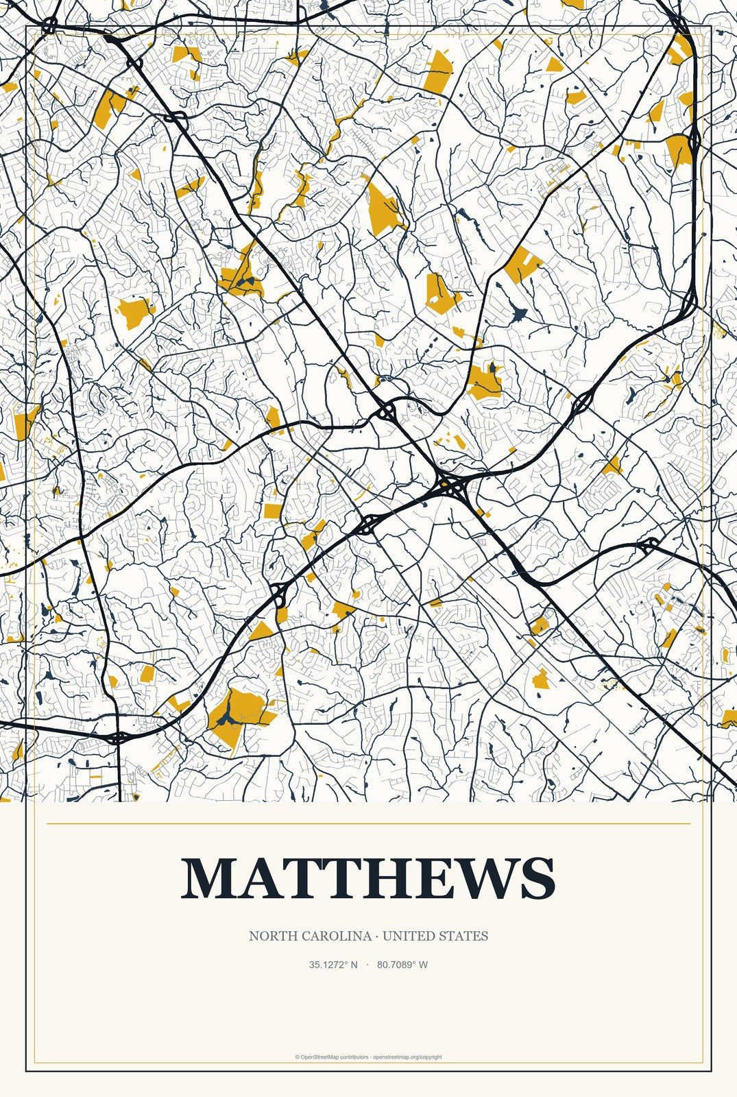 Matthews, North Carolina City Map Aluminum Sign in Citrine Modern style