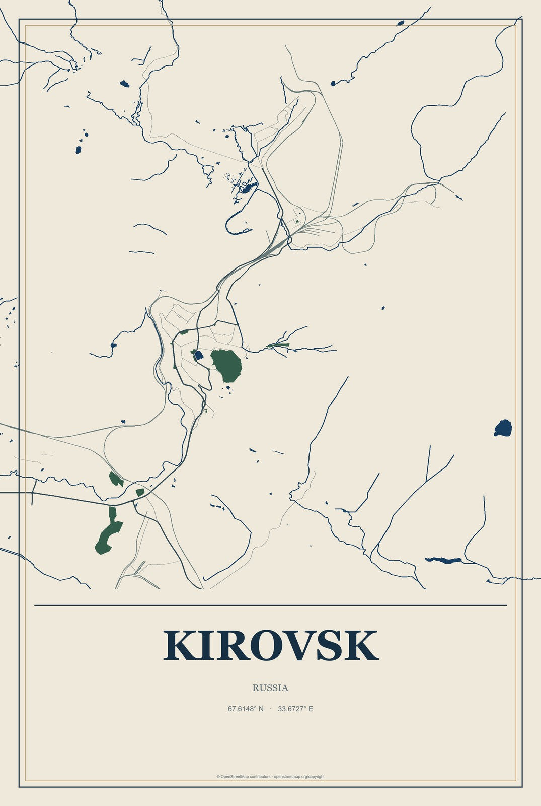 Kirovsk, Leningradskaya Oblast', Russia City Map Aluminum Sign in Coastal Cutout style