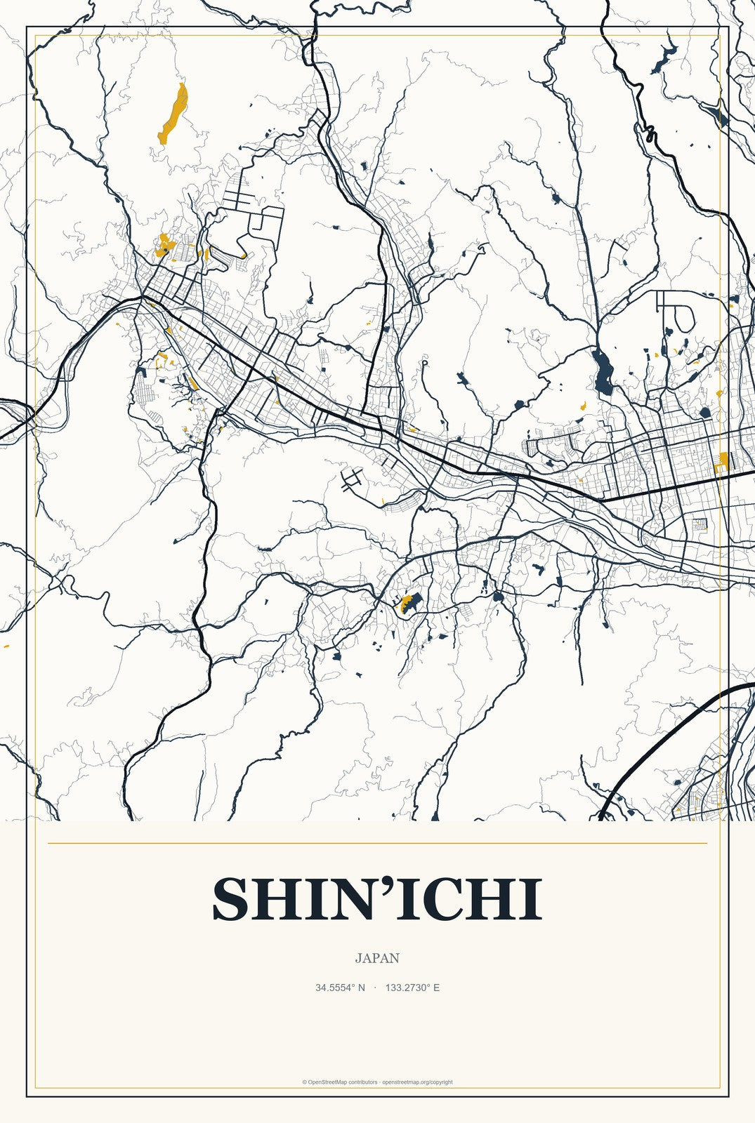 Shin’ichi, Japan City Map Aluminum Sign in Citrine Modern style