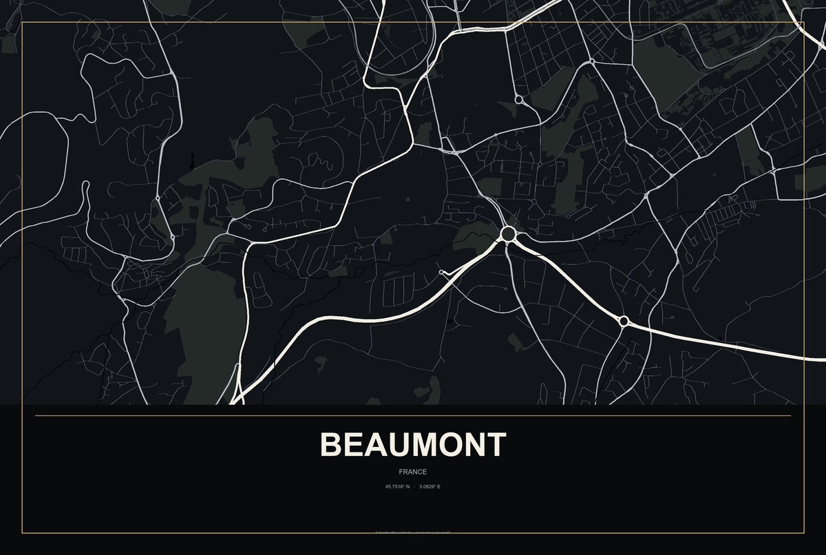 Beaumont, France City Map Aluminum Sign in Metropolitan Noir style