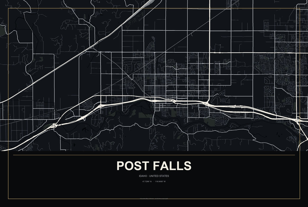 Post Falls, Idaho City Map Aluminum Sign in Metropolitan Noir style