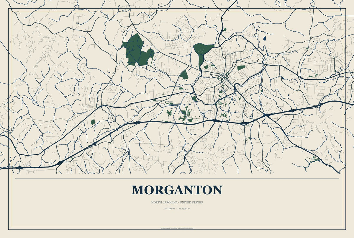 Morganton, North Carolina City Map Aluminum Sign in Coastal Cutout style