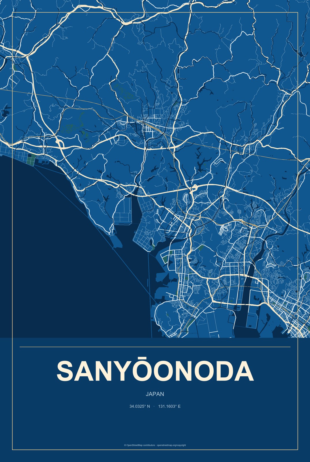 Sanyōonoda, Japan City Map Aluminum Sign in Harbor Cobalt style