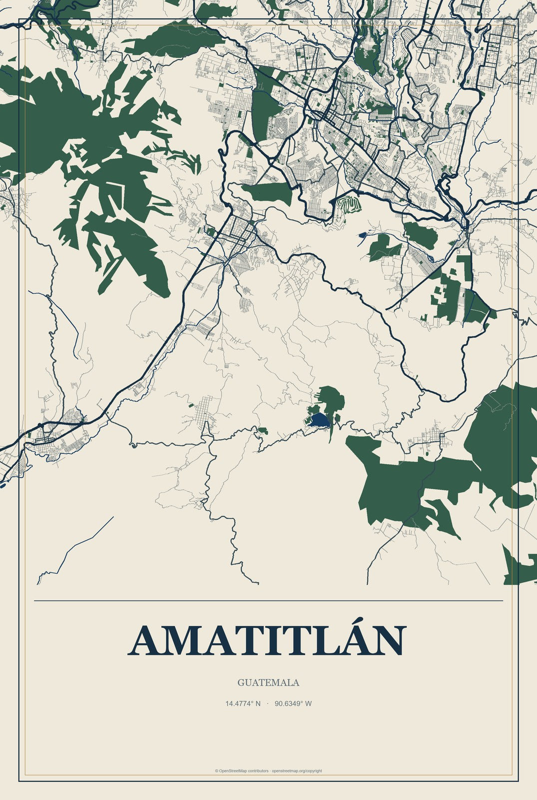 Amatitlán, Guatemala City Map Aluminum Sign in Coastal Cutout style