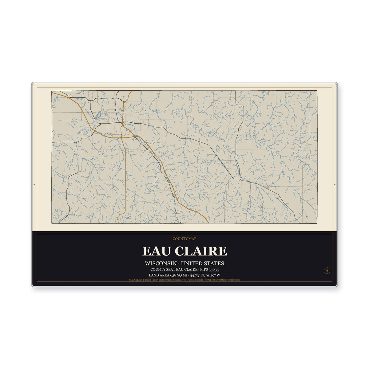 Eau Claire County, Wisconsin Map Aluminum Sign in Museum Plaque style