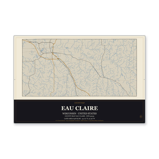 Eau Claire County, Wisconsin Map Aluminum Sign in Museum Plaque style