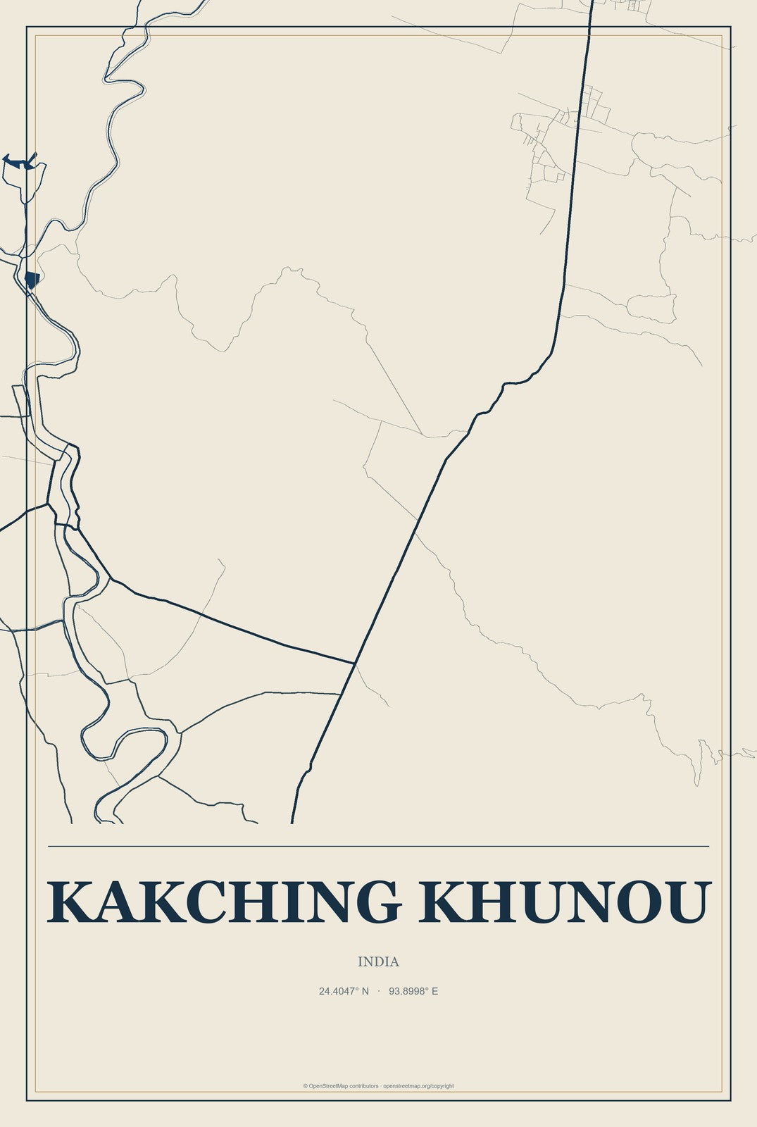 Kakching Khunou, India City Map Aluminum Sign in Coastal Cutout style