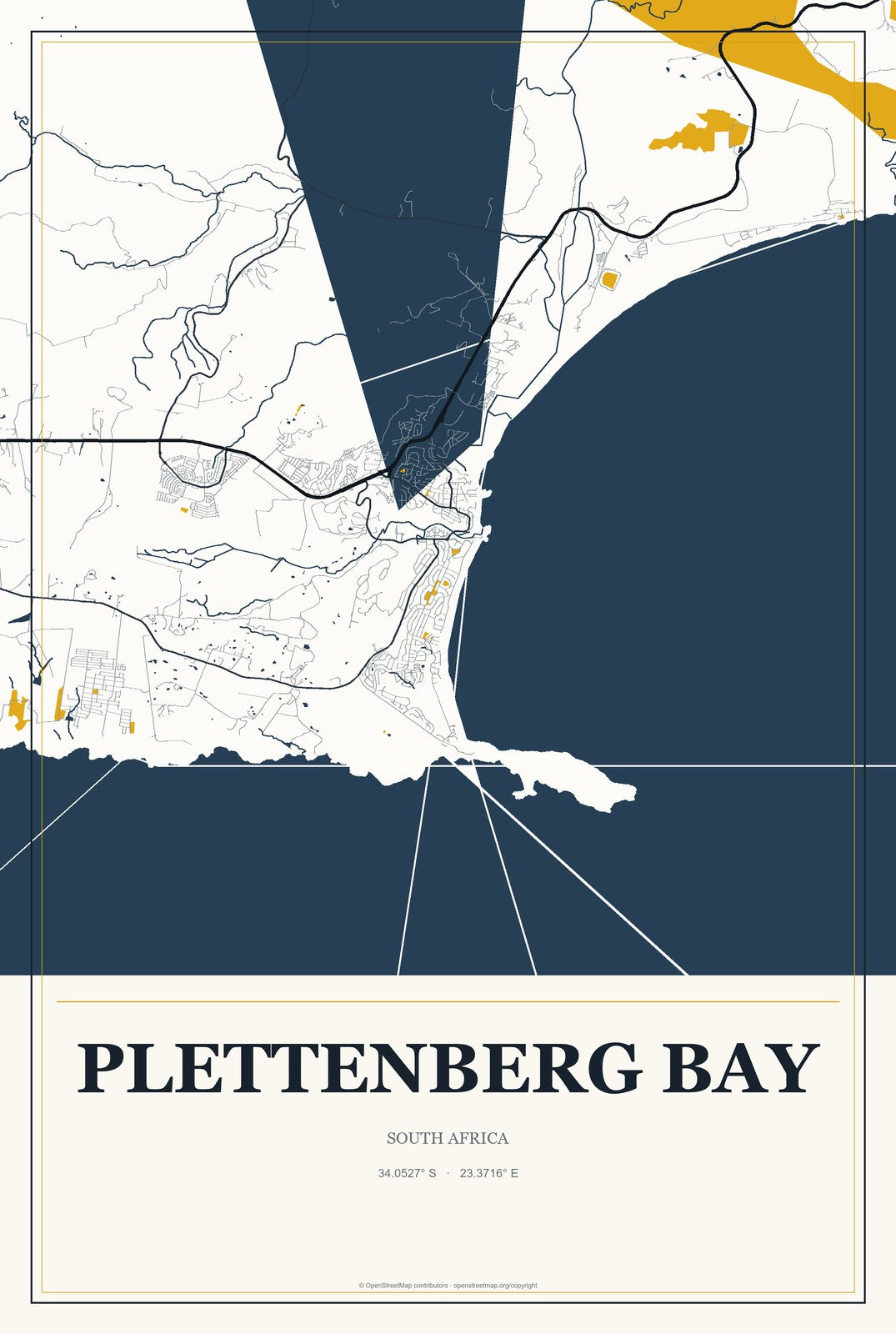 Plettenberg Bay, South Africa City Map Aluminum Sign in Citrine Modern style