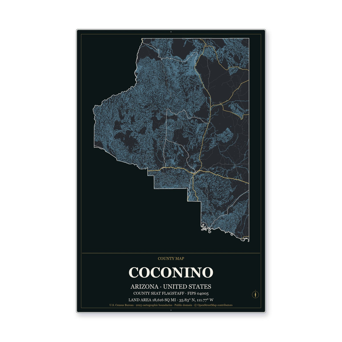 Coconino County, Arizona Map Aluminum Sign in Metropolitan Noir style