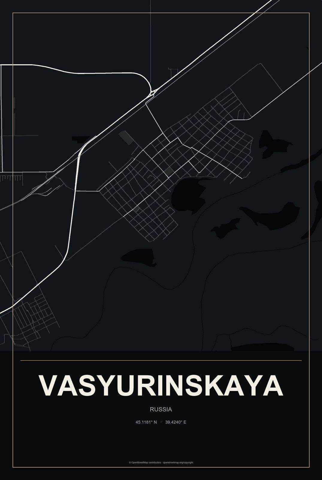 Vasyurinskaya, Russia City Map Aluminum Sign in Metropolitan Noir style