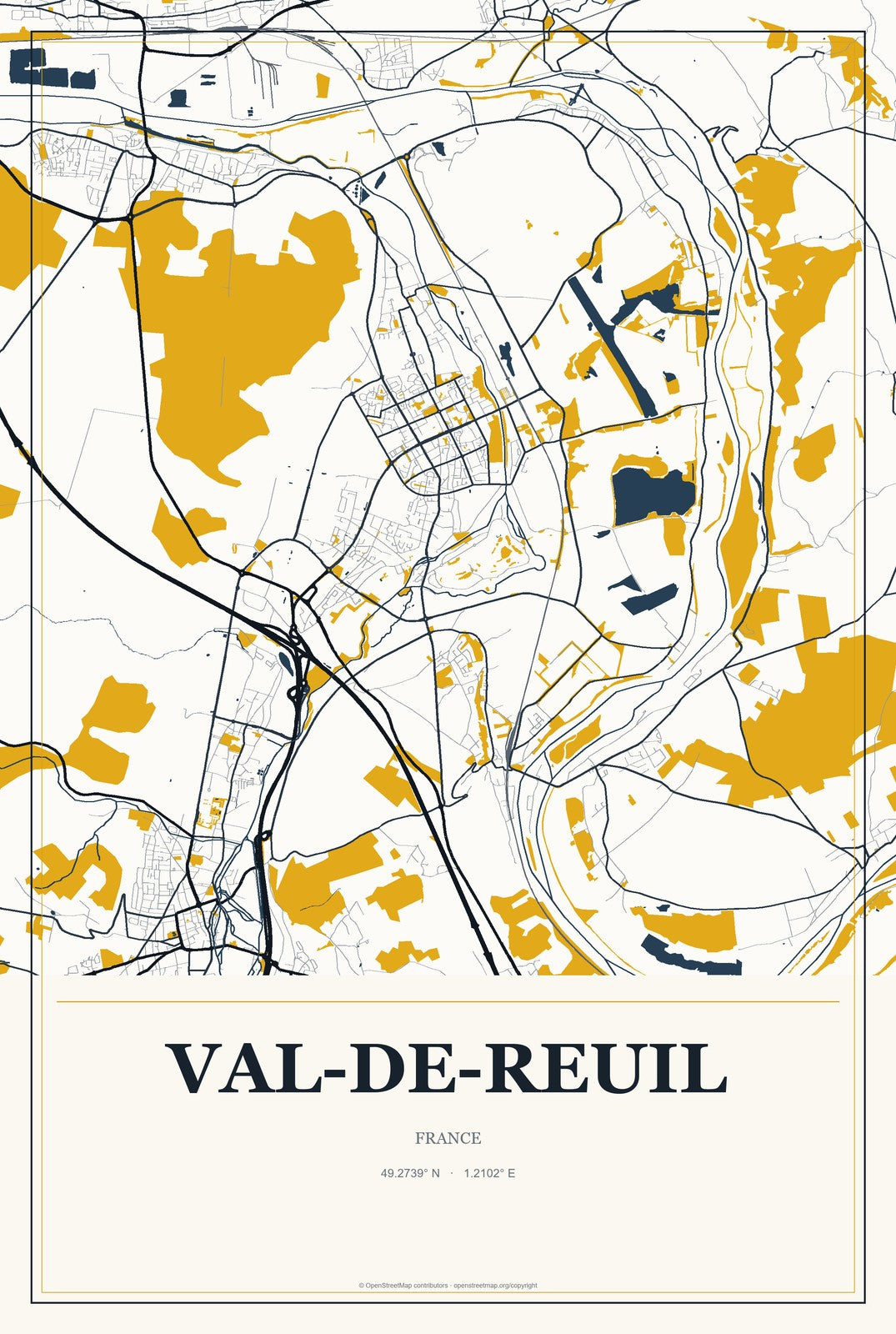 Val-de-Reuil, France City Map Aluminum Sign in Citrine Modern style