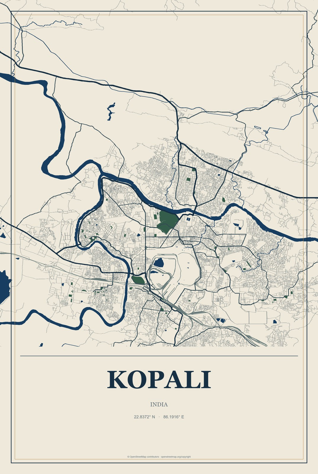 Kopali, India City Map Aluminum Sign in Coastal Cutout style