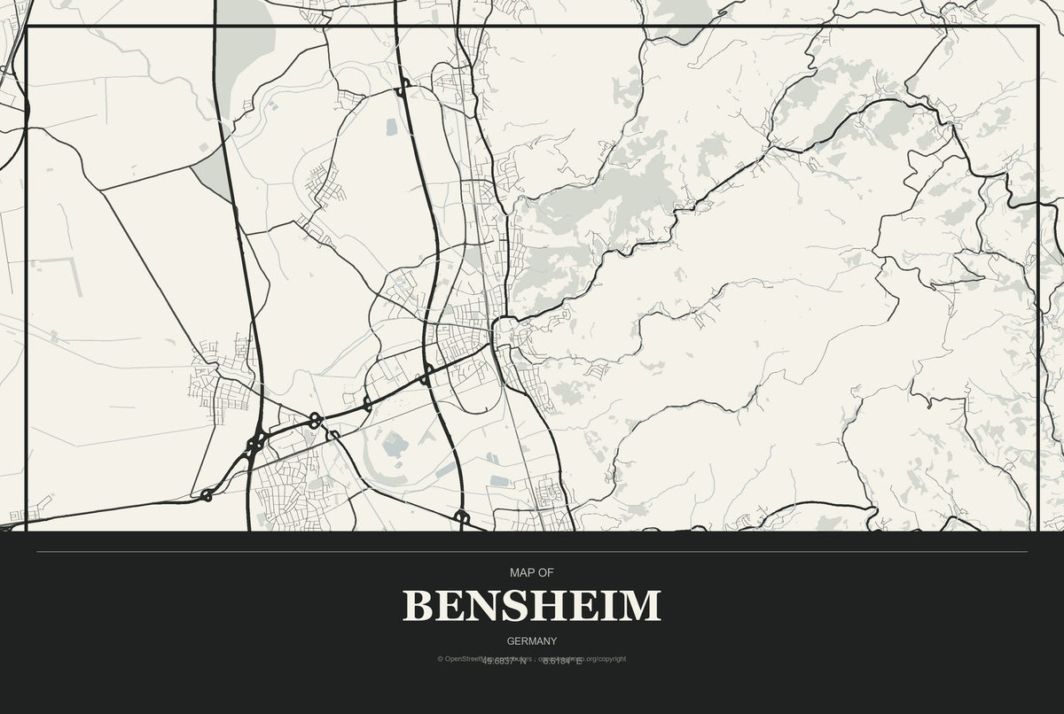Bensheim, Germany City Map Aluminum Sign in Museum Plaque style