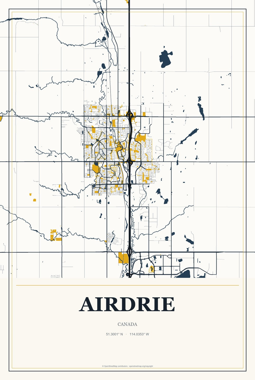 Airdrie, Canada City Map Aluminum Sign in Citrine Modern style