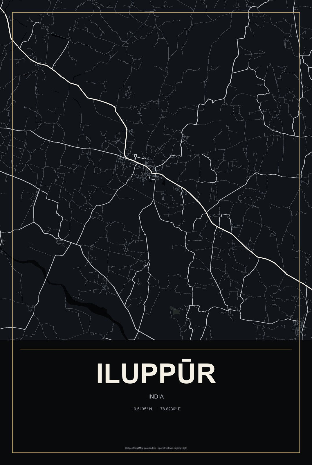 Iluppūr, India City Map Aluminum Sign in Metropolitan Noir style