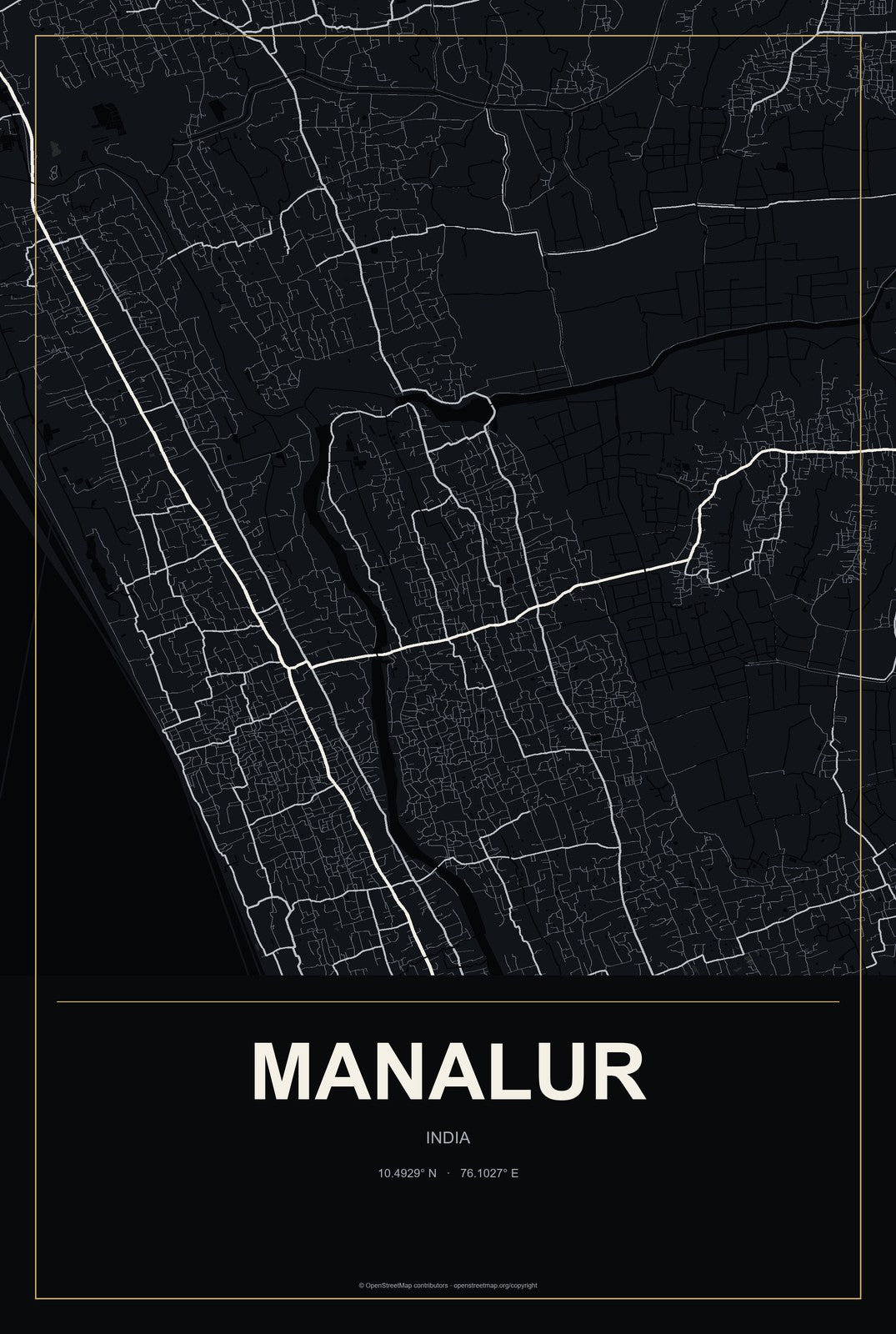 Manalur, India City Map Aluminum Sign in Metropolitan Noir style