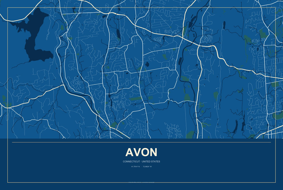Avon, Connecticut City Map Aluminum Sign in Harbor Cobalt style