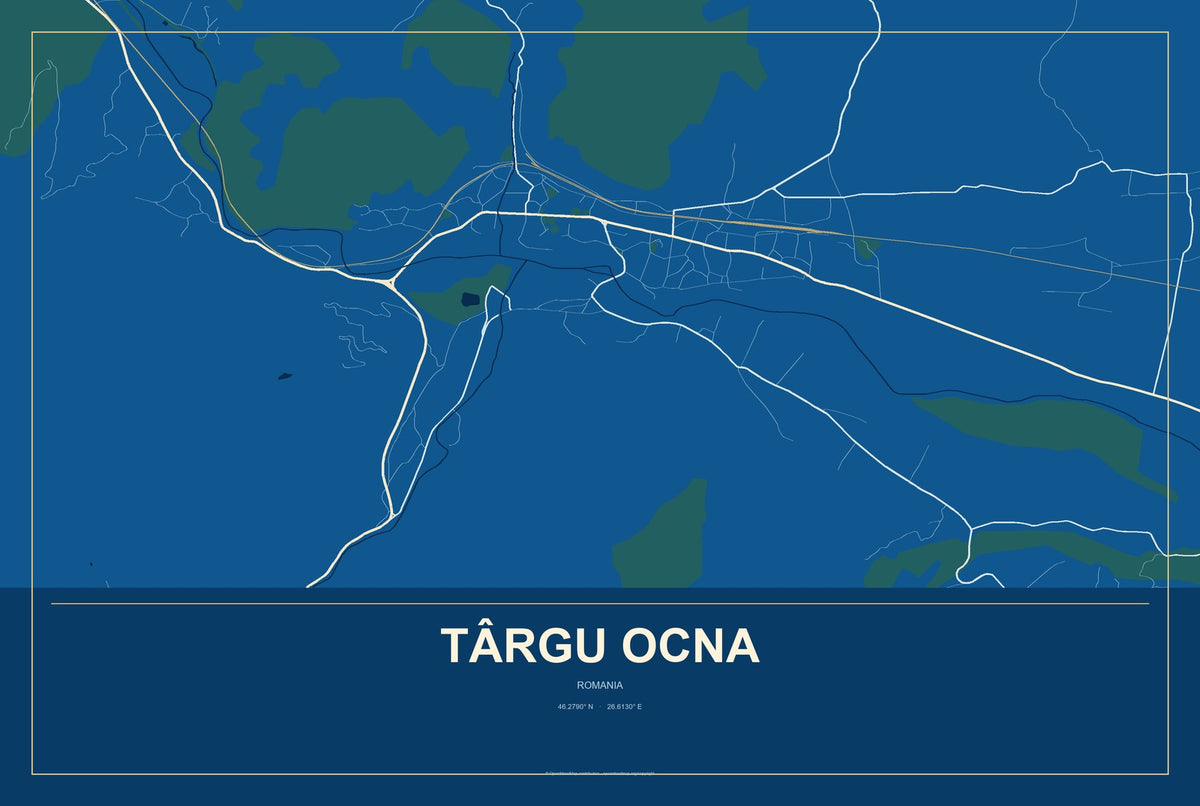 Târgu Ocna, Romania City Map Aluminum Sign in Harbor Cobalt style