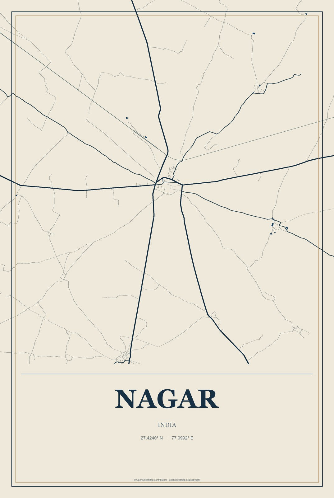 Nagar, India City Map Aluminum Sign in Coastal Cutout style