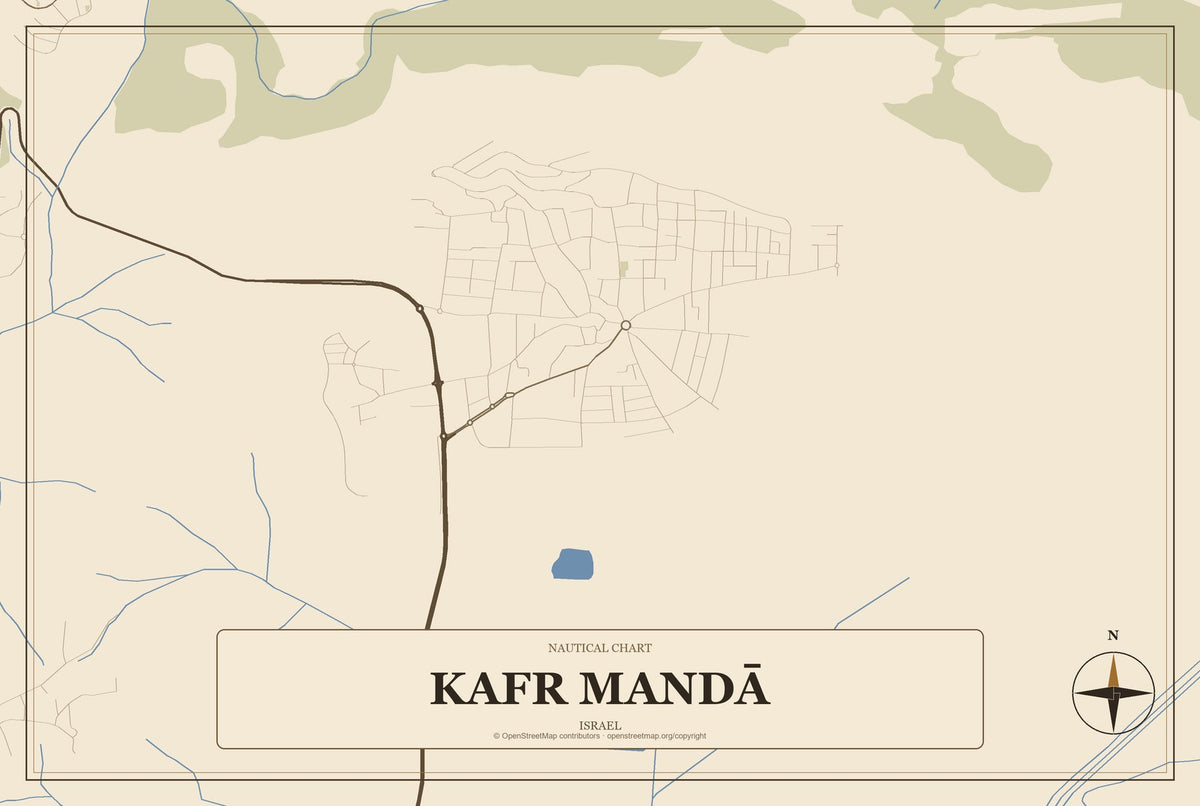 Kafr Mandā, Israel City Map Aluminum Sign in Heritage Nautical style