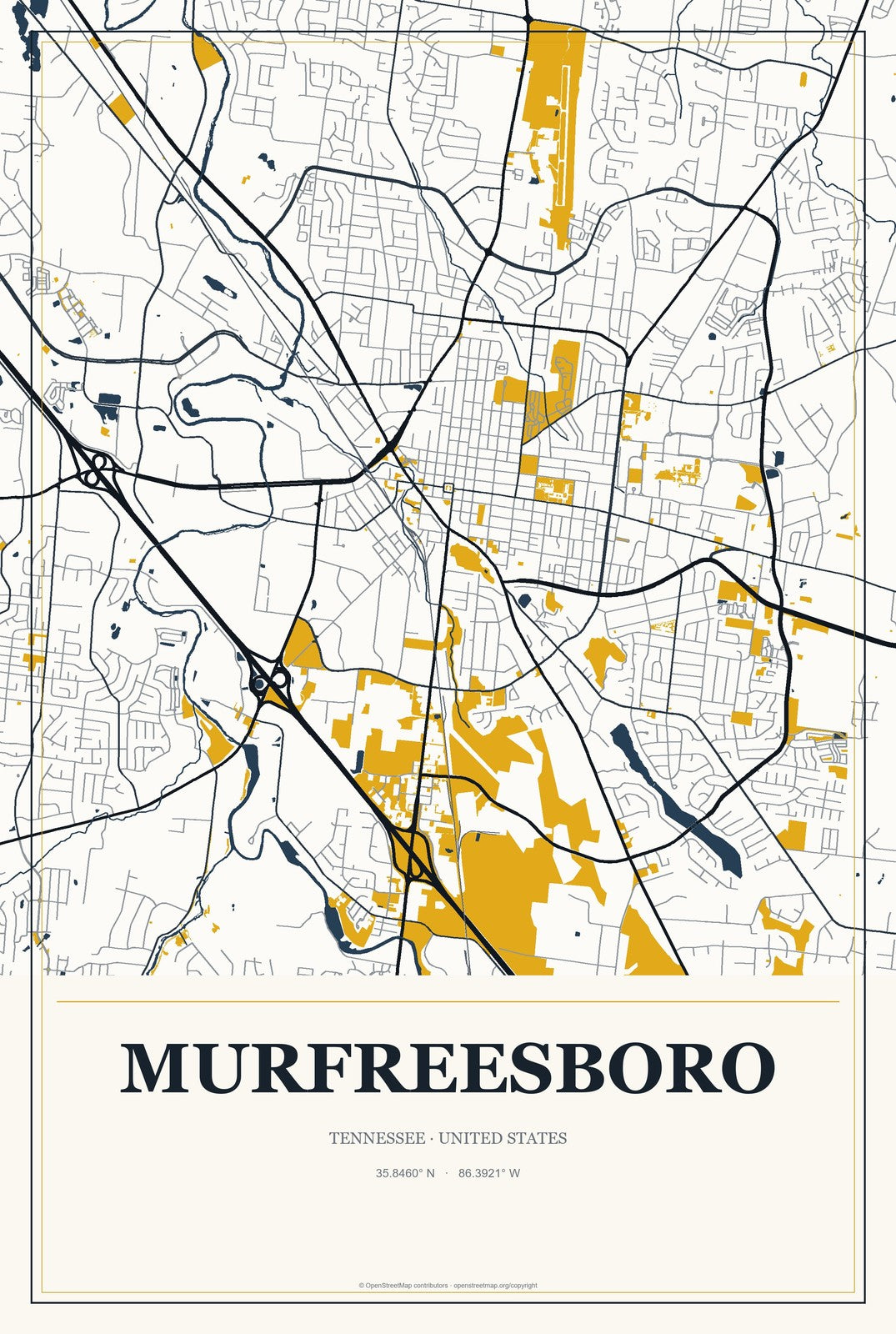 Murfreesboro, Tennessee City Map Aluminum Sign in Citrine Modern style