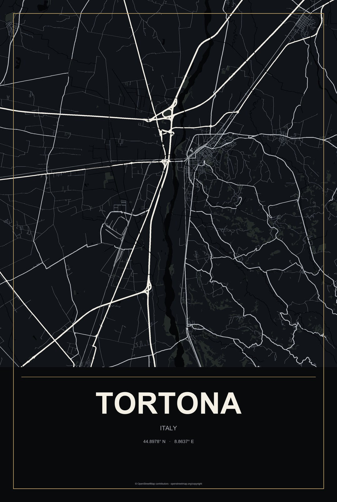 Tortona, Italy City Map Aluminum Sign in Metropolitan Noir style