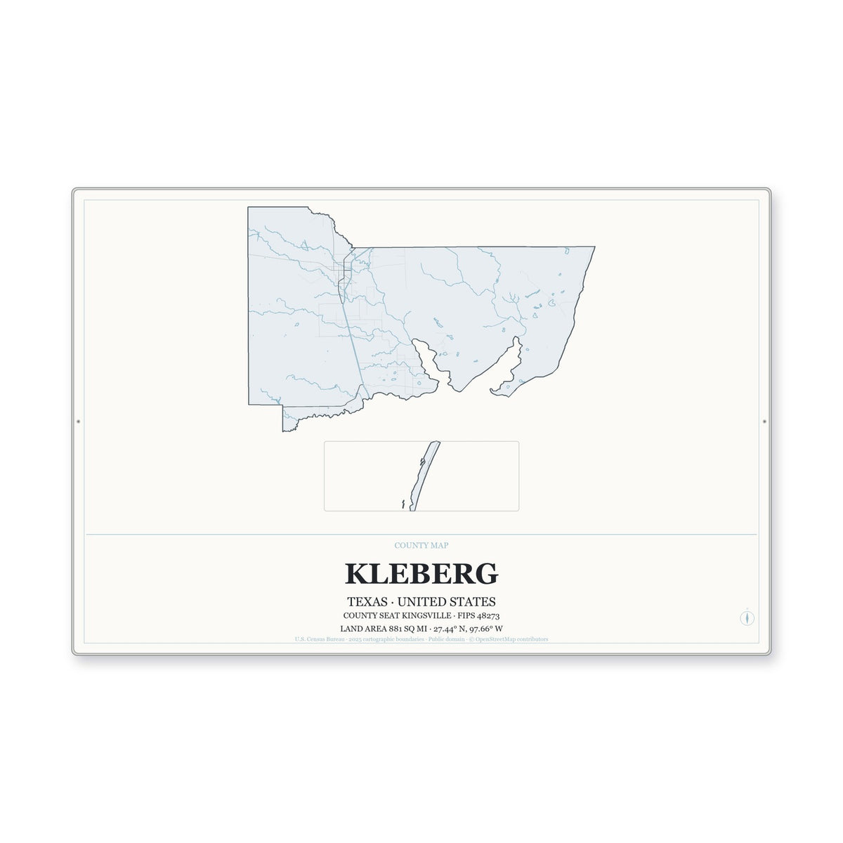 Kleberg County, Texas Map Aluminum Sign in Gallery Air style