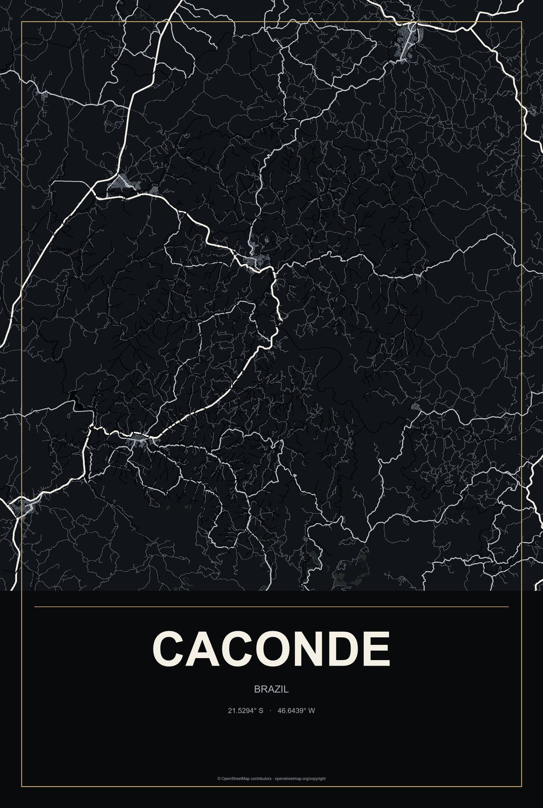 Caconde, Brazil City Map Aluminum Sign in Metropolitan Noir style
