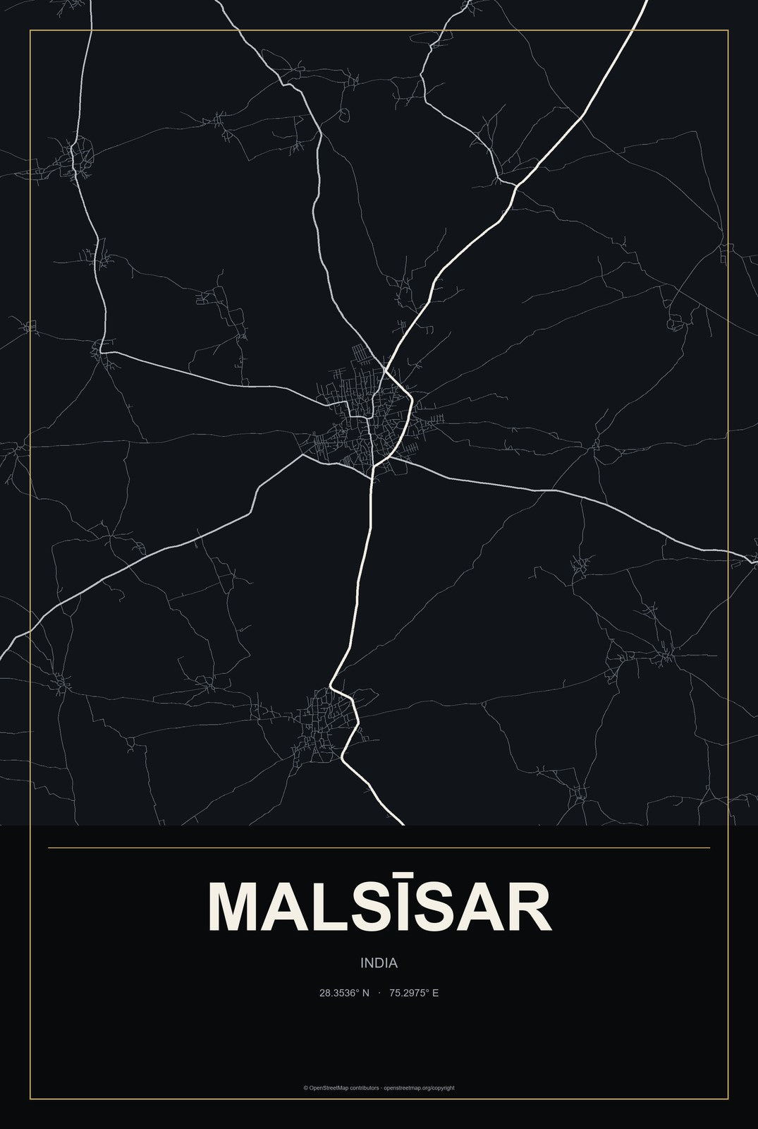 Malsīsar, India City Map Aluminum Sign in Metropolitan Noir style