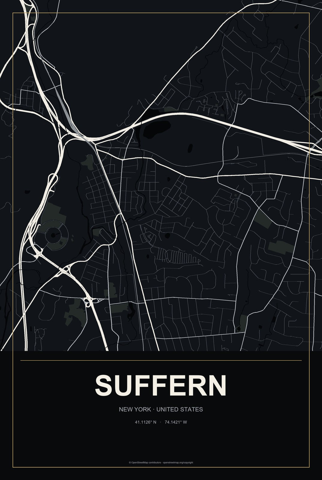 Suffern, New York City Map Aluminum Sign in Metropolitan Noir style