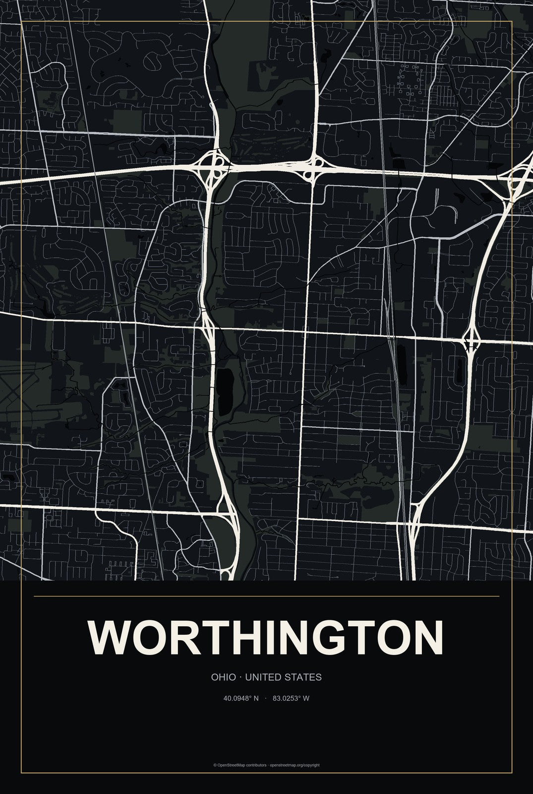 Worthington, Ohio City Map Aluminum Sign in Metropolitan Noir style