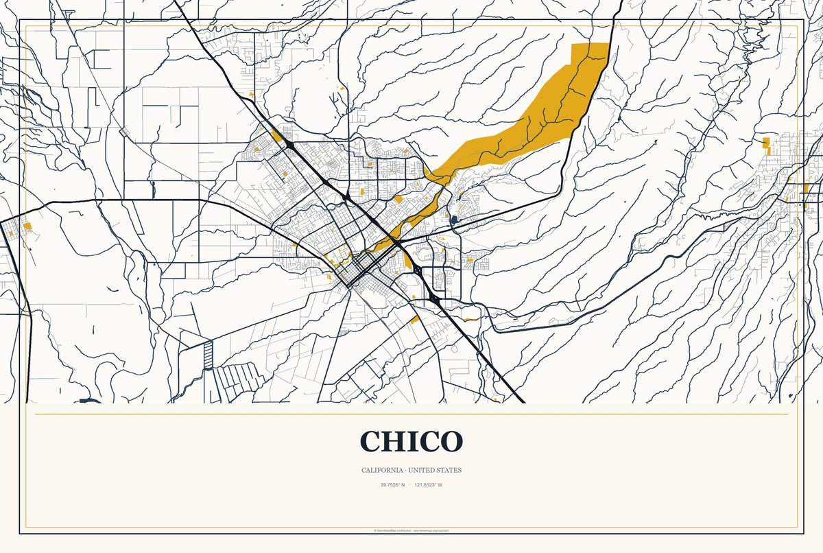 Chico, California City Map Aluminum Sign in Citrine Modern style