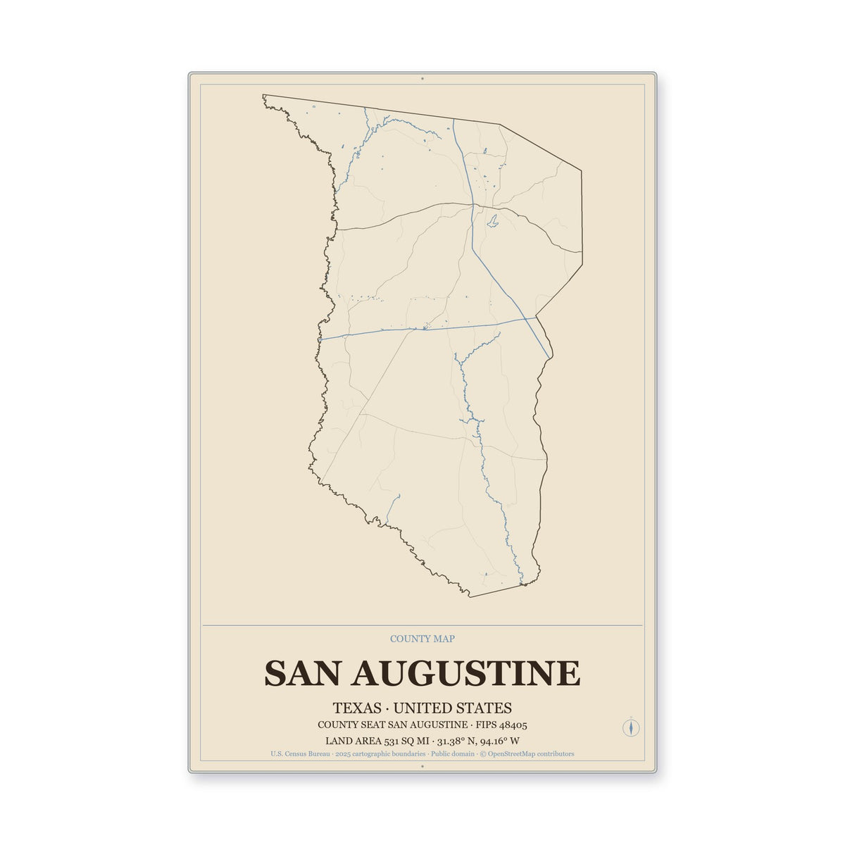 San Augustine County, Texas Map Aluminum Sign in Heritage Nautical style