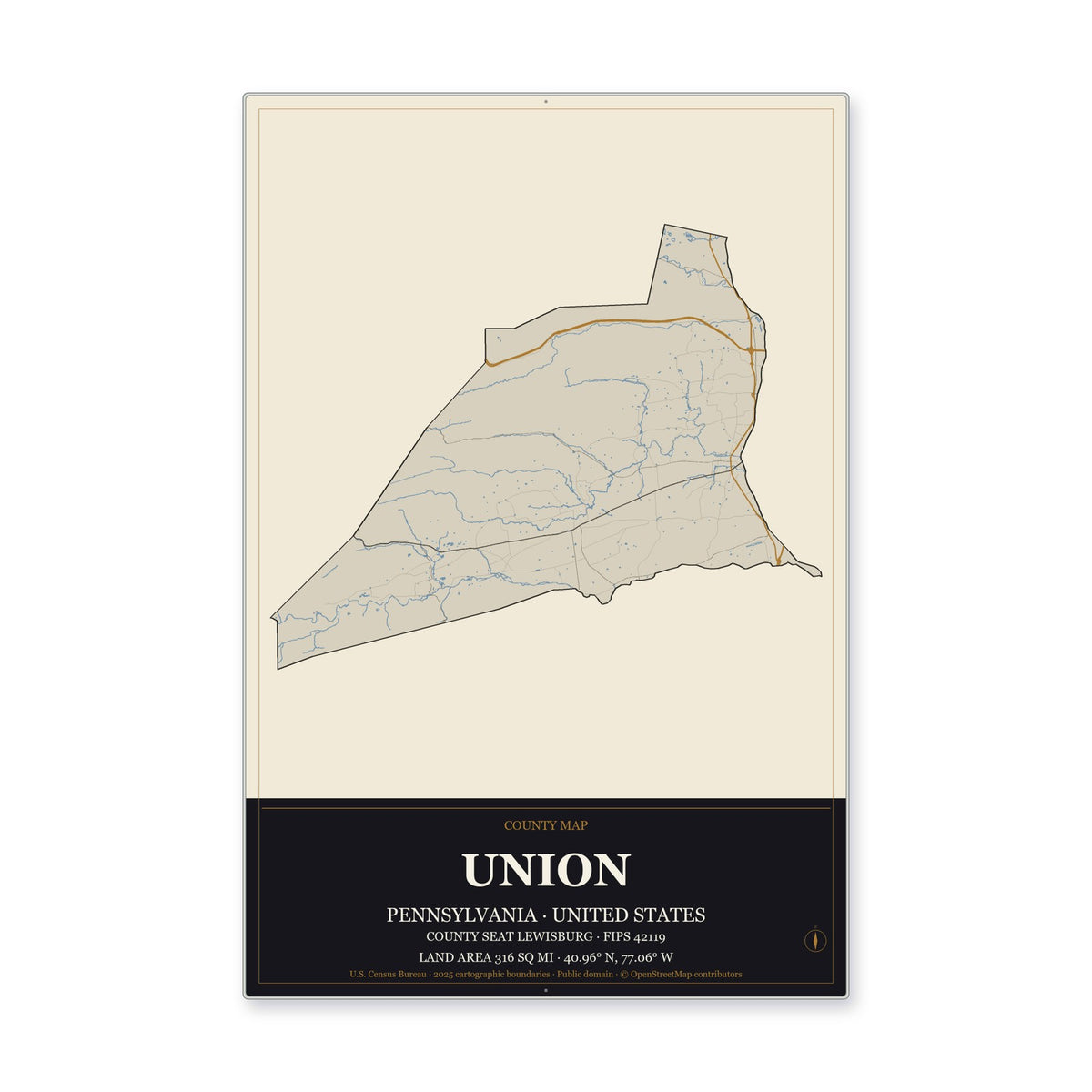 Union County, Pennsylvania Map Aluminum Sign in Museum Plaque style