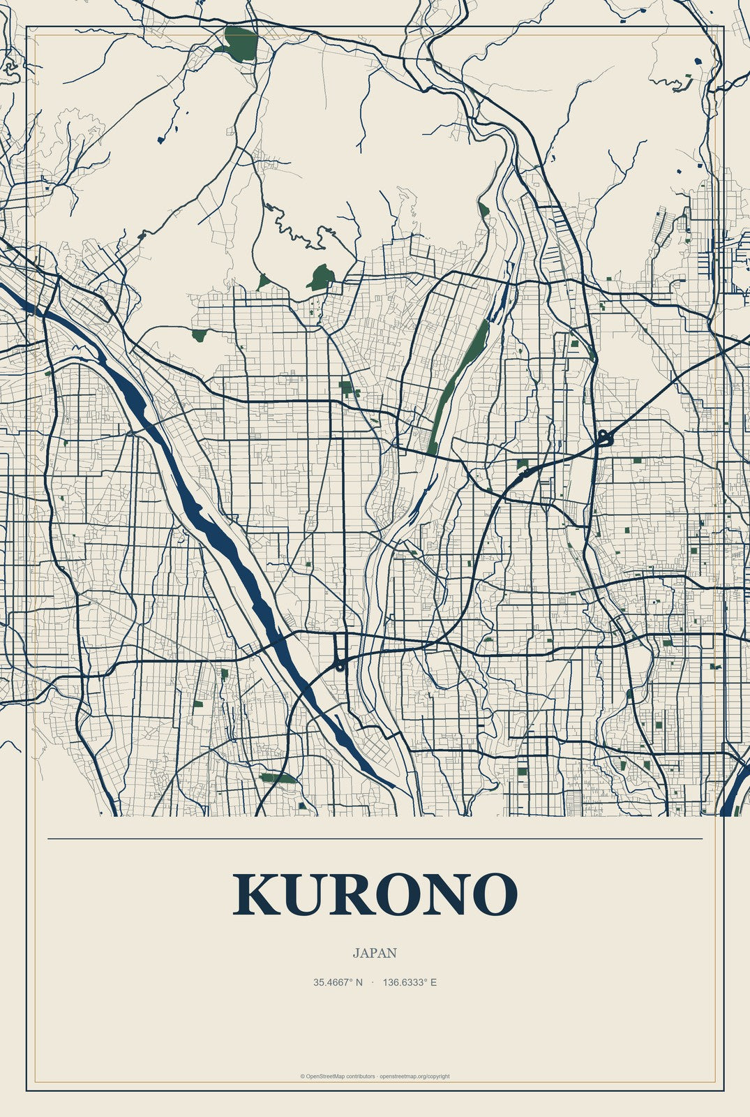 Kurono, Japan City Map Aluminum Sign in Coastal Cutout style