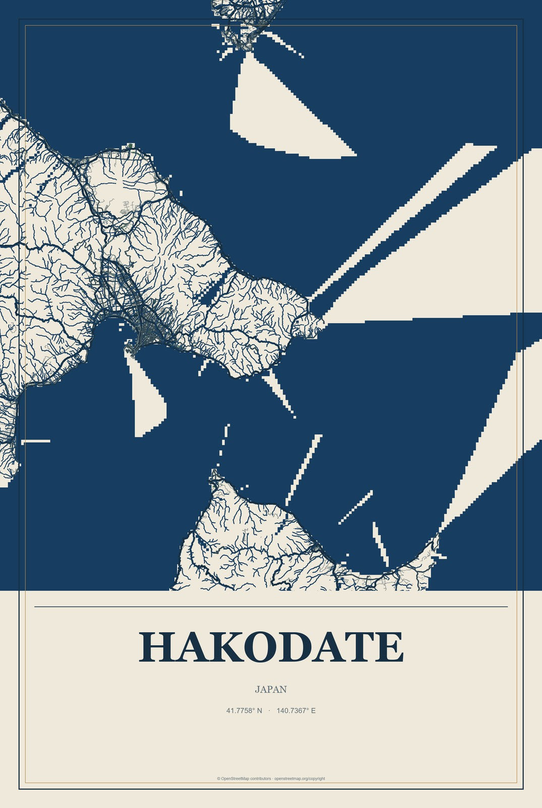 Hakodate, Japan City Map Aluminum Sign in Coastal Cutout style