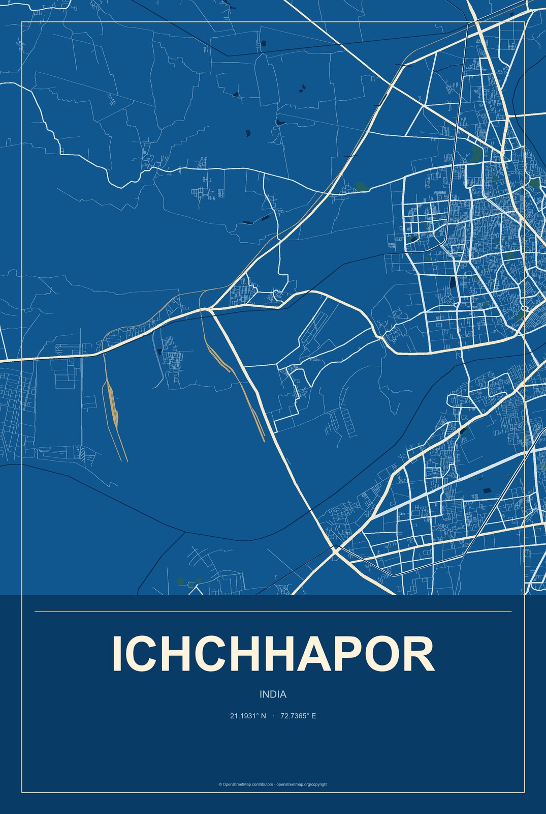 Ichchhapor, India City Map Aluminum Sign in Harbor Cobalt style