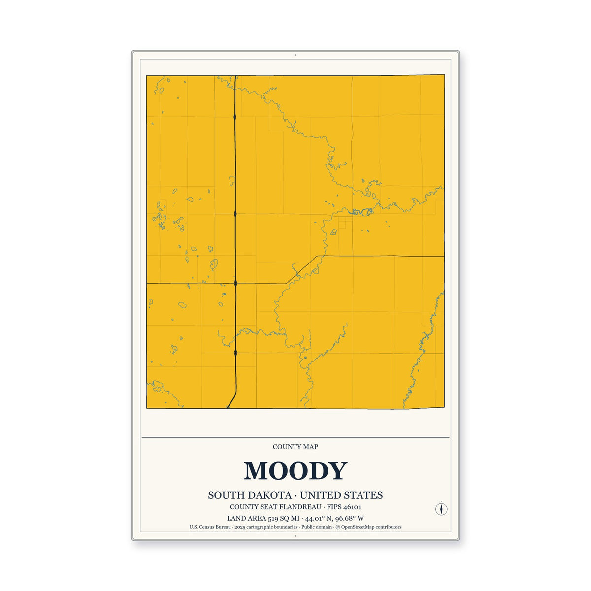 Moody County, South Dakota Map Aluminum Sign in Citrine Modern style
