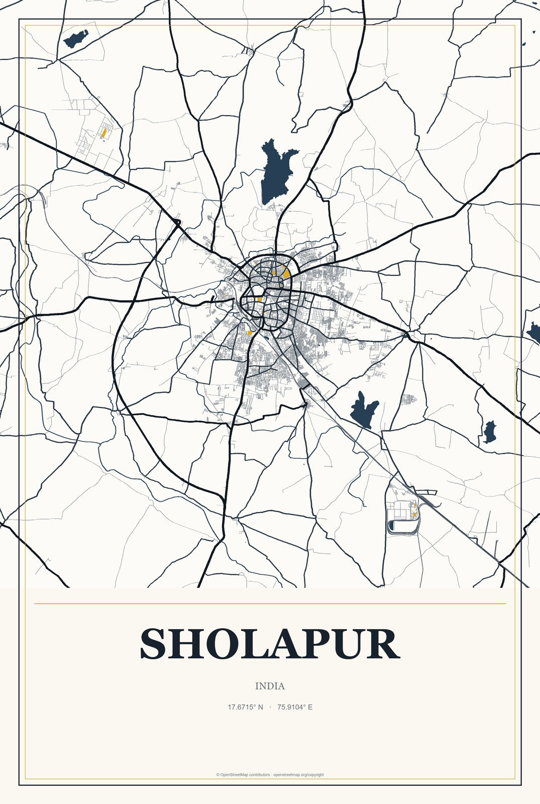 Sholapur, India City Map Aluminum Sign in Citrine Modern style