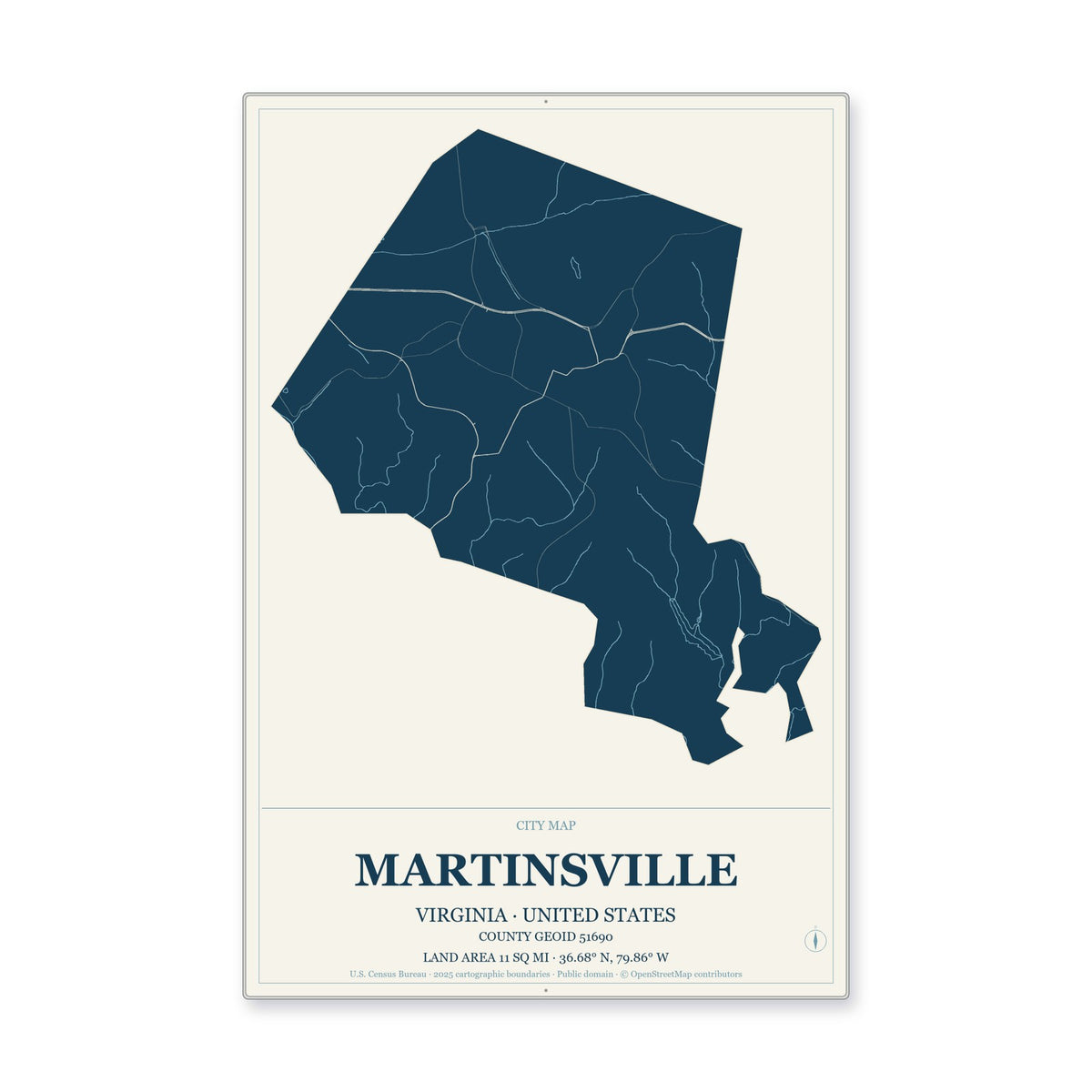 Martinsville city, Virginia Map Aluminum Sign in Coastal Cutout style
